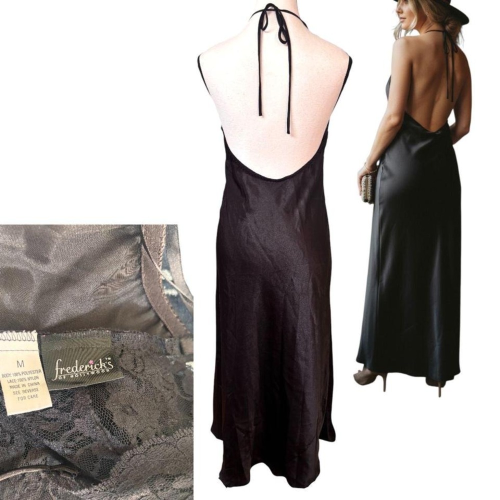 Y2K VINTAGE FREDERICKS OF HOLLYWOOD BLACK LACE SATIN MAXI GRUNGE DRESS MEDIUM - Picture 6 of 6